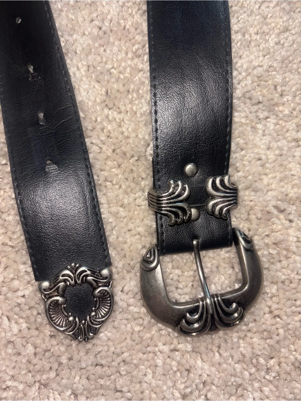 Vintage Black Leather Western 3 Piece Buckle Set Belt Silvertone Engraved 30